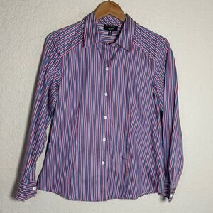 Foxcroft Non Iron Fitted Button Up Shirt Classic Blue Striped Women’s Size 10